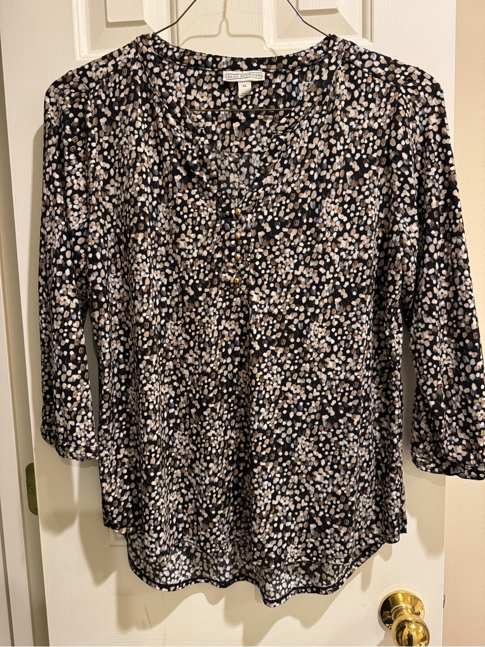 Dana Buchman Black Printed Button-Front Dotted Blouse